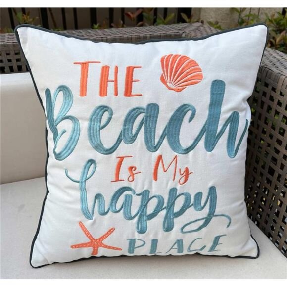 Embroidered The Beach is My Happy Place Throw Pillow Cover,Square 18 inches - Picture 2 of 14